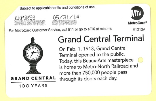 Grand Central Terminal Centennial Metrocard 01 - rear - expl